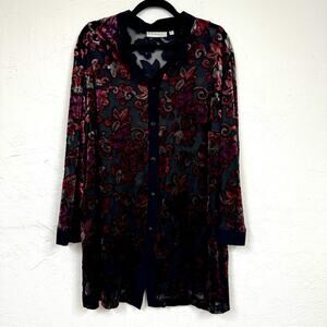 Vintage Dressbarn Black Sheer Velvet Paisley Tunic Blouse Womens 22W Button Fall
